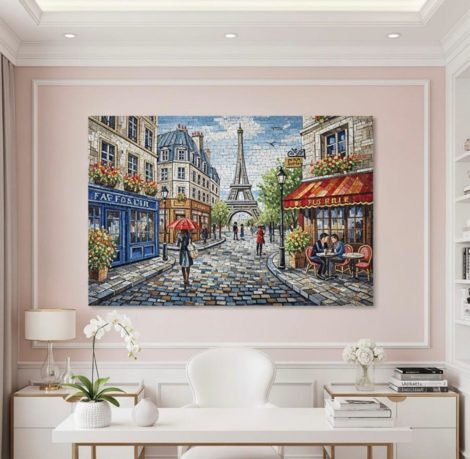 Parisian Café Street Scene with Eiffel Tower Wall Art Panel