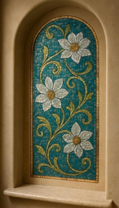 White Blossom Turquoise Mosaic Wall Feature